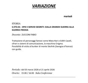 Variazione Corso: SPIE E SERVIZI SEGRETI: DALLA GRANDE GUERRA ALLA GUERRA FREDDA