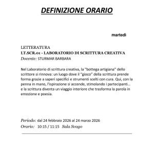 Definizione orario Laboratorio Scrittura Creativa