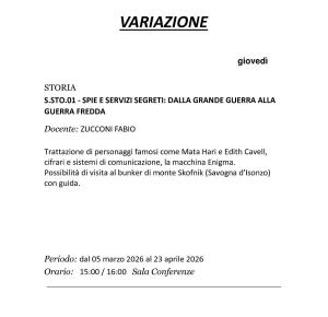 Variazione Corso: SPIE E SERVIZI SEGRETI: DALLA GRANDE GUERRA ALLA GUERRA FREDDA